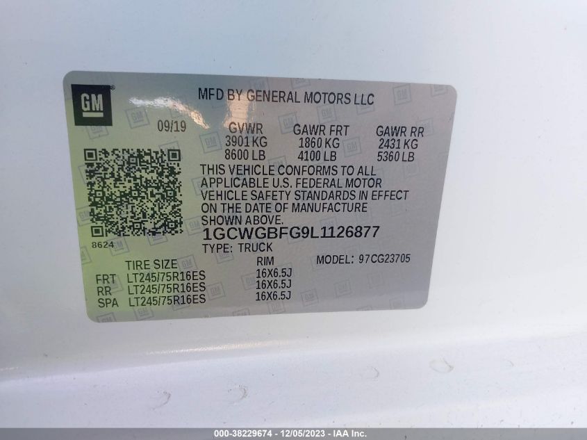2020 CHEVROLET EXPRESS CARGO VAN - 1GCWGBFG9L1126877