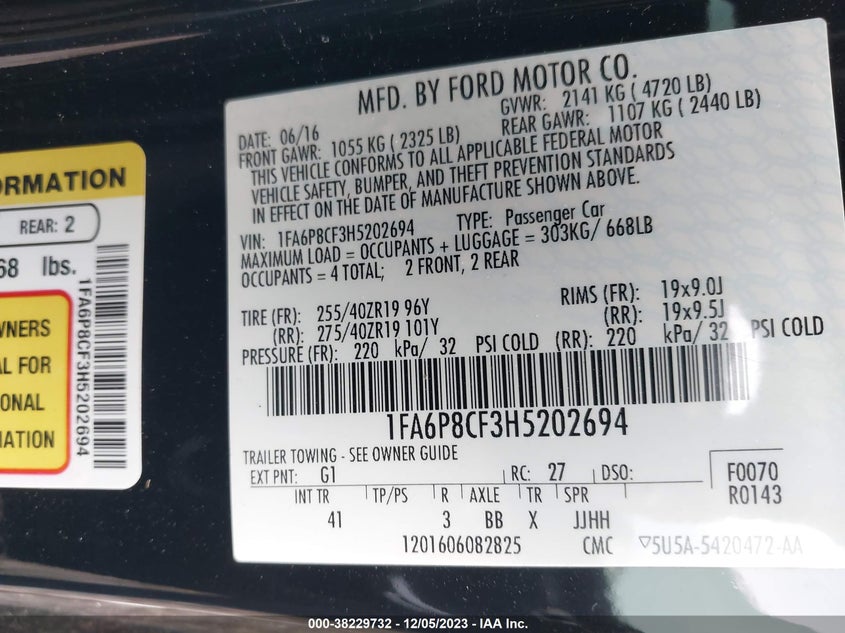 VIN 1FA6P8CF3H5202694 2017 FORD MUSTANG GT