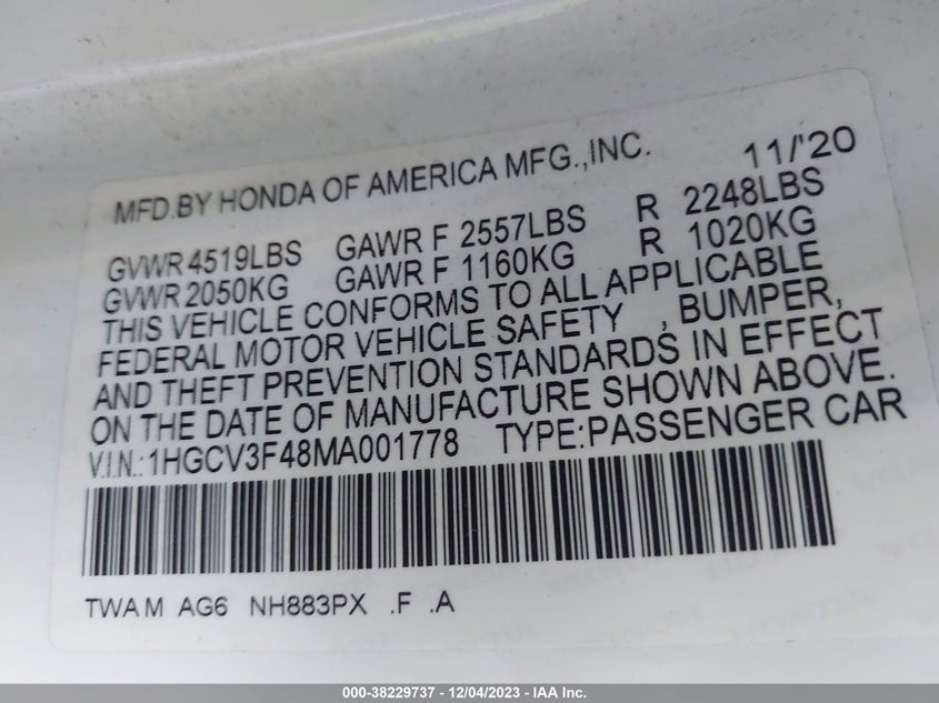 VIN 1HGCV3F48MA001778 2021 HONDA ACCORD HYBRID EX