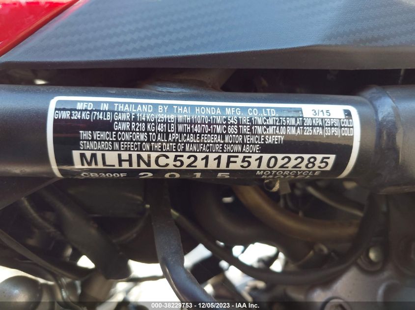 2015 HONDA CB300 F MLHNC5211F5102285