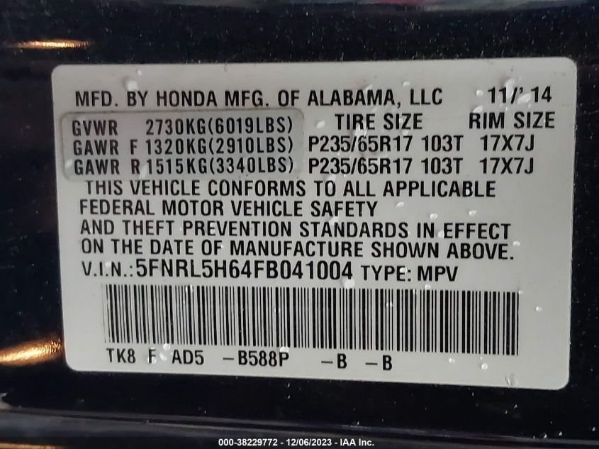 2015 HONDA ODYSSEY EX-L - 5FNRL5H64FB041004