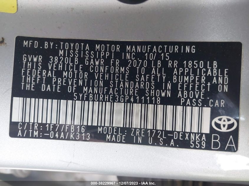 2016 TOYOTA COROLLA L/LE/LE PLS/PRM/S/S PLS - 5YFBURHE3GP411118