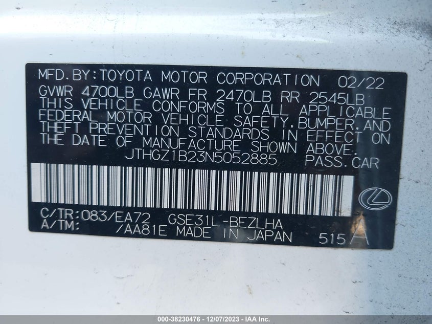 VIN JTHGZ1B23N5052885 2022 LEXUS IS 350 F SPORT