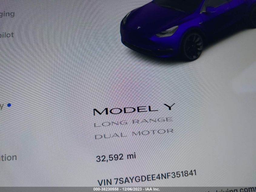 2022 TESLA MODEL Y LONG RANGE DUAL MOTOR - 7SAYGDEE4NF351841