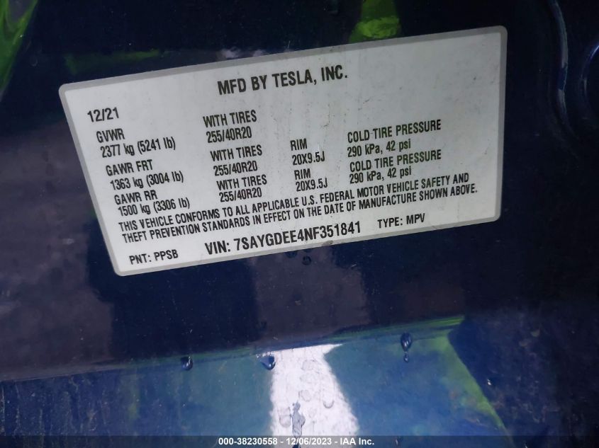 2022 TESLA MODEL Y LONG RANGE DUAL MOTOR - 7SAYGDEE4NF351841