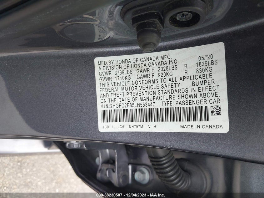 VIN 2HGFC2F85LH553447 2020 HONDA CIVIC SPORT