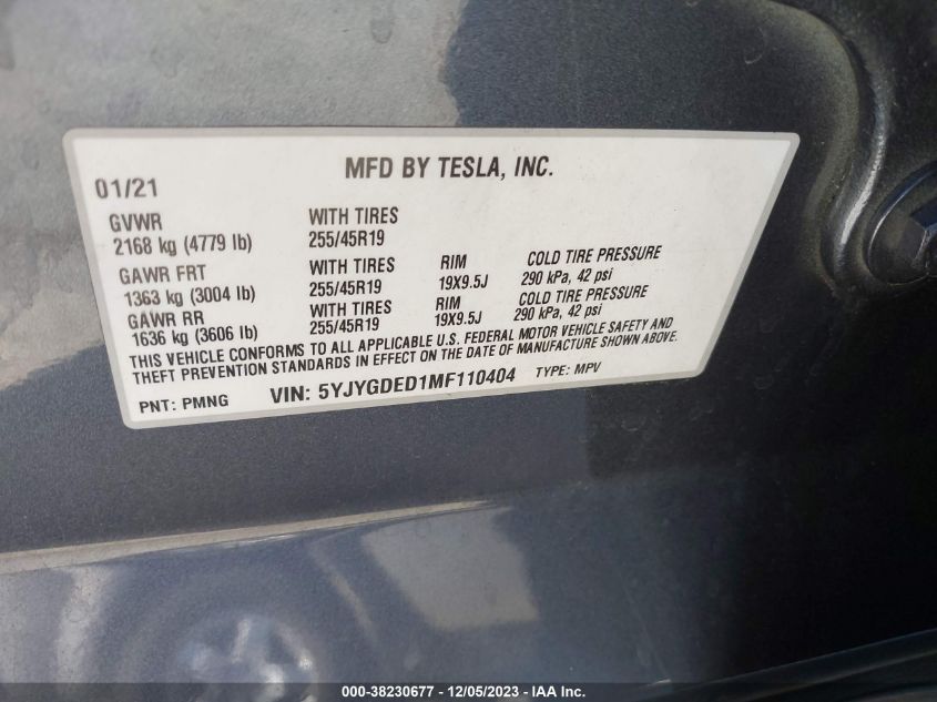 2021 TESLA MODEL Y STANDARD RANGE - 5YJYGDED1MF110404