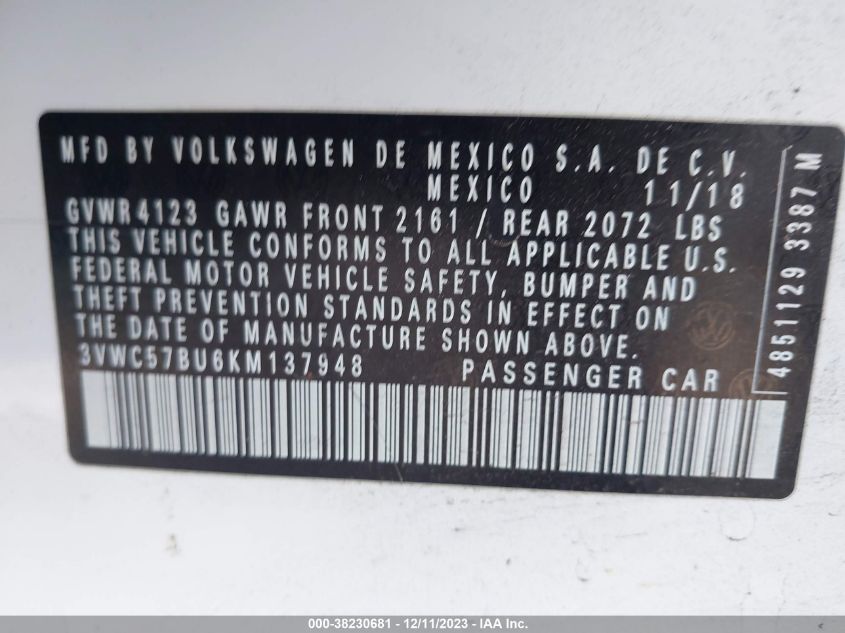 2019 VOLKSWAGEN JETTA S/SE/R-LINE - 3VWC57BU6KM137948