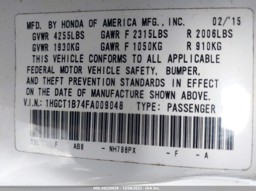 2015 HONDA ACCORD EX - 1HGCT1B74FA009048