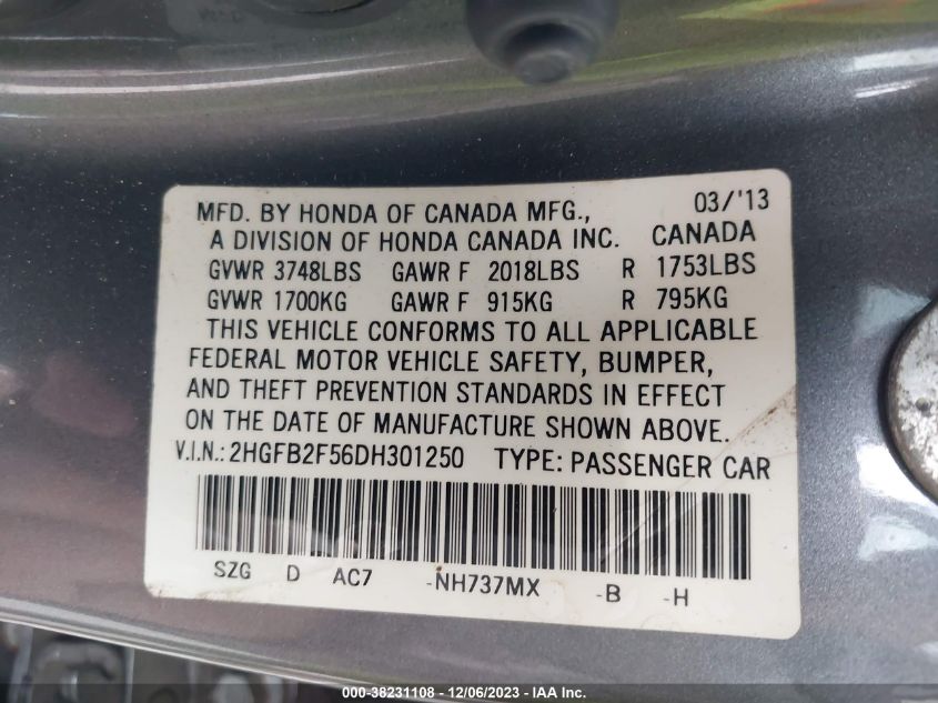 2013 HONDA CIVIC LX - 2HGFB2F56DH301250