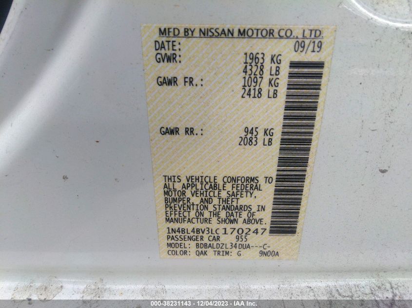 2020 NISSAN ALTIMA S FWD - 1N4BL4BV3LC170247