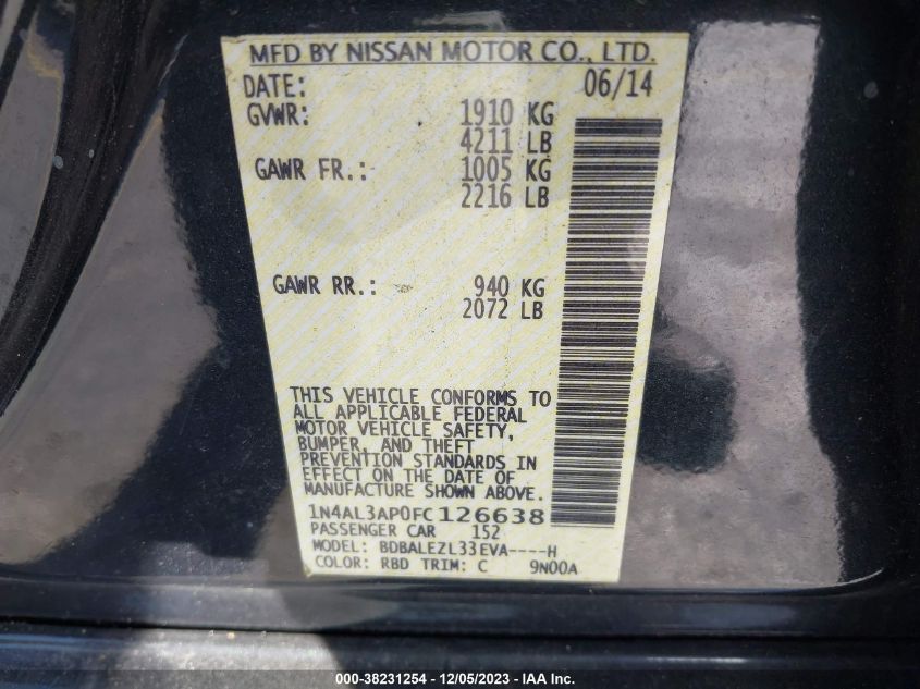 2015 NISSAN ALTIMA 2.5/S/SV/SL - 1N4AL3AP0FC126638