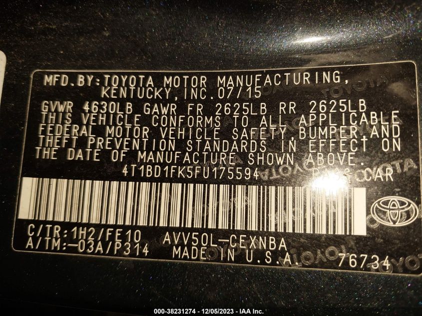 2015 TOYOTA CAMRY HYBRID LE/XLE/SE - 4T1BD1FK5FU175594