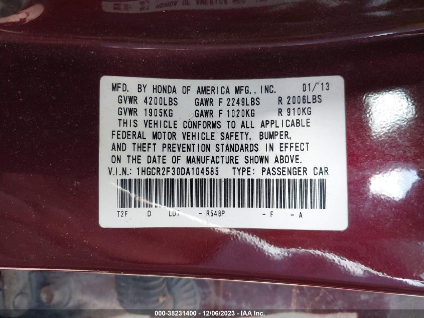 2013 HONDA ACCORD LX 1HGCR2F30DA278164