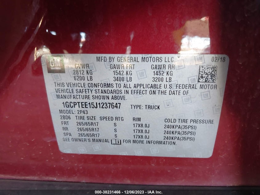 VIN 1GCPTEE15J1237647 2018 CHEVROLET COLORADO ZR2