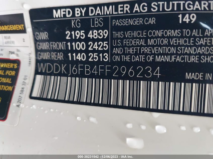 2015 MERCEDES-BENZ E 400 WDDKJ6FB4FF296234