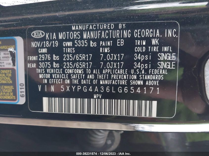 2020 KIA SORENTO 2.4L L - 5XYPG4A36LG654171