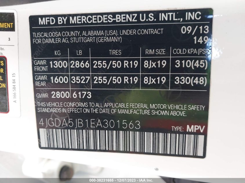 2014 MERCEDES-BENZ ML 350 4JGDA5JB1EA301563