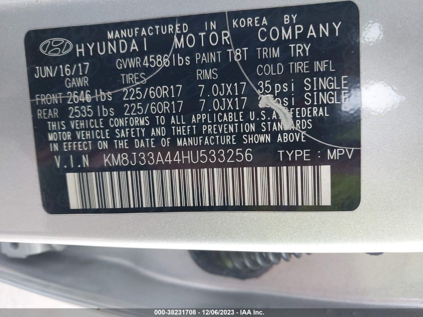 2017 HYUNDAI TUCSON LIMITED/SPORT AND ECO/SE - KM8J33A44HU533256