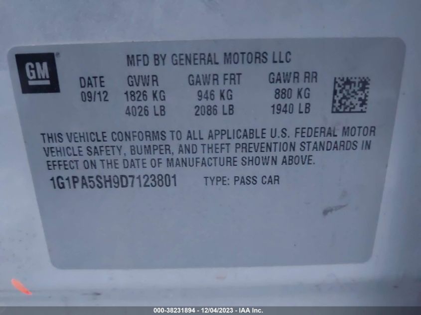 2013 CHEVROLET CRUZE LS AUTO - 1G1PA5SH9D7123801