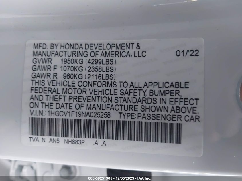 1HGCV1F19NA025258 | 2022 HONDA ACCORD