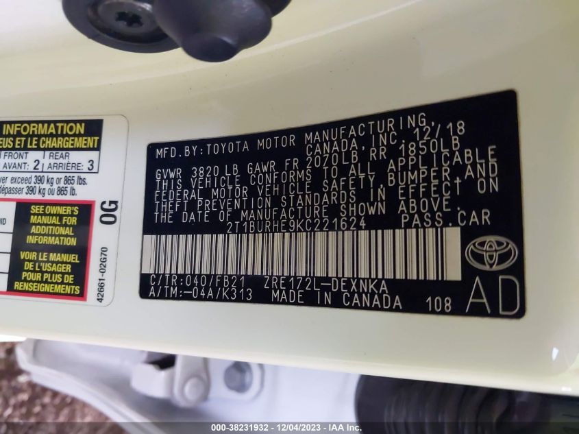 2019 TOYOTA COROLLA LE - 2T1BURHE9KC221624