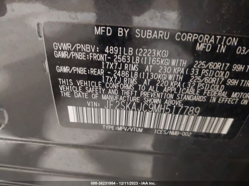 2021 SUBARU FORESTER PREMIUM - JF2SKAJC9MH517789