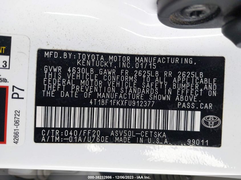 2015 TOYOTA CAMRY LE/XLE/SE/XSE - 4T1BF1FKXFU912377