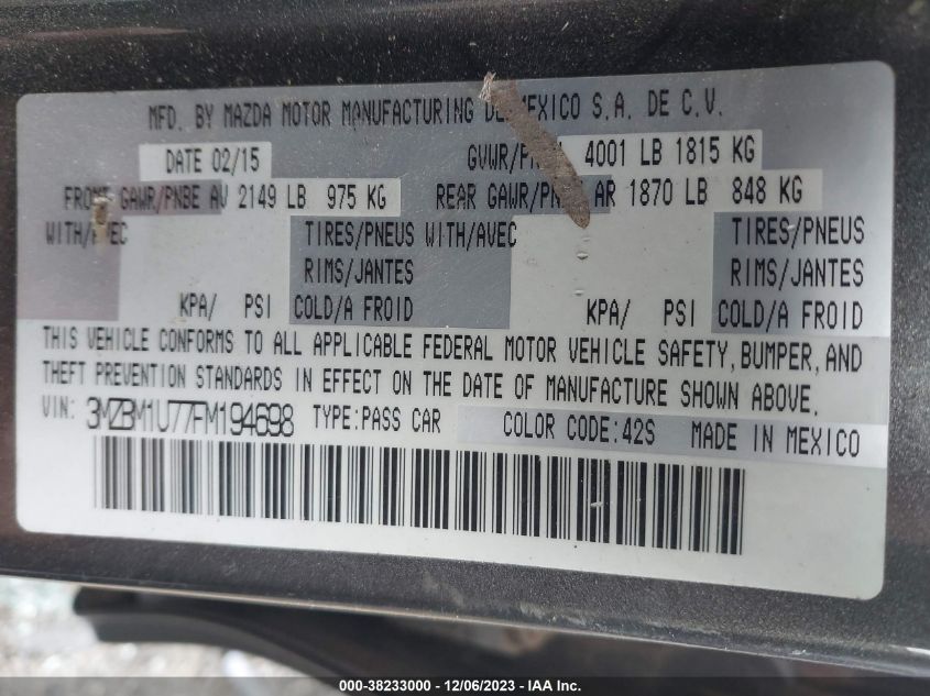 2015 MAZDA MAZDA3 I SPORT - 3MZBM1U77FM194698