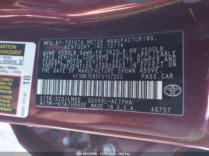 2015 TOYOTA AVALON XLE/PREMIUM/TOURING/LTD - 4T1BK1EB5FU147253