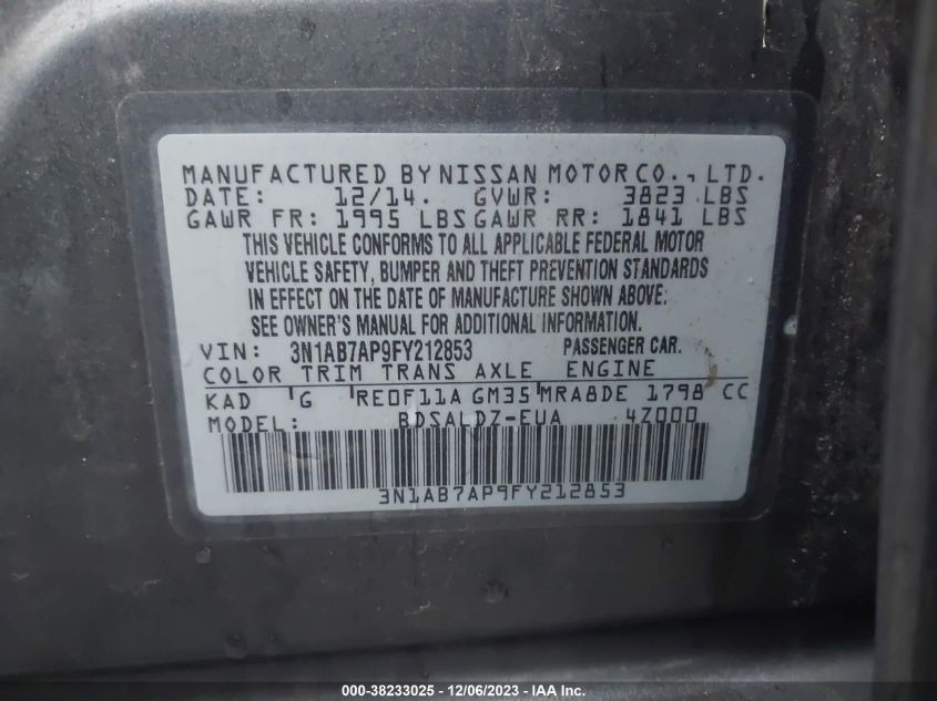 2015 NISSAN SENTRA S/SV/SR/SL - 3N1AB7AP9FY212853
