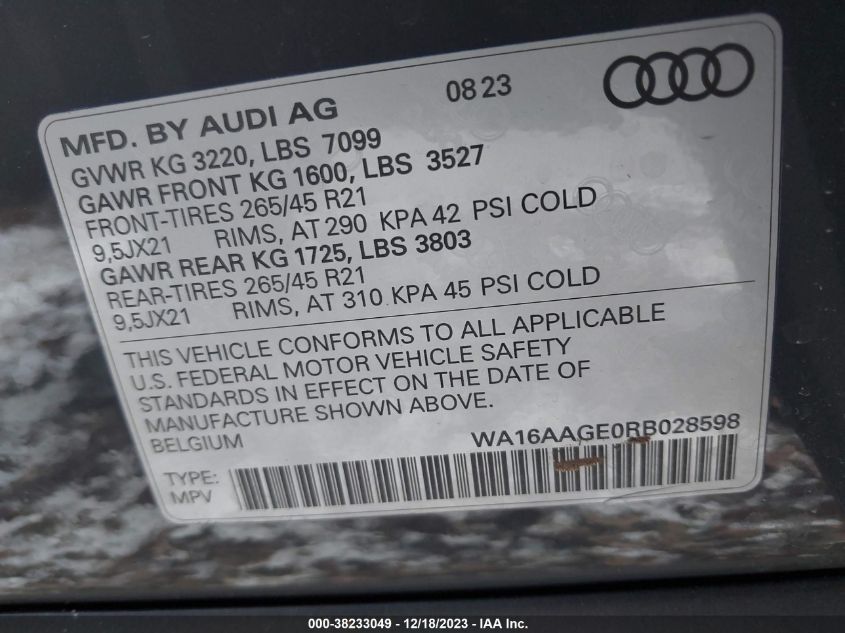 2024 AUDI Q8 E-TRON PRESTIGE - WA16AAGE0RB028598