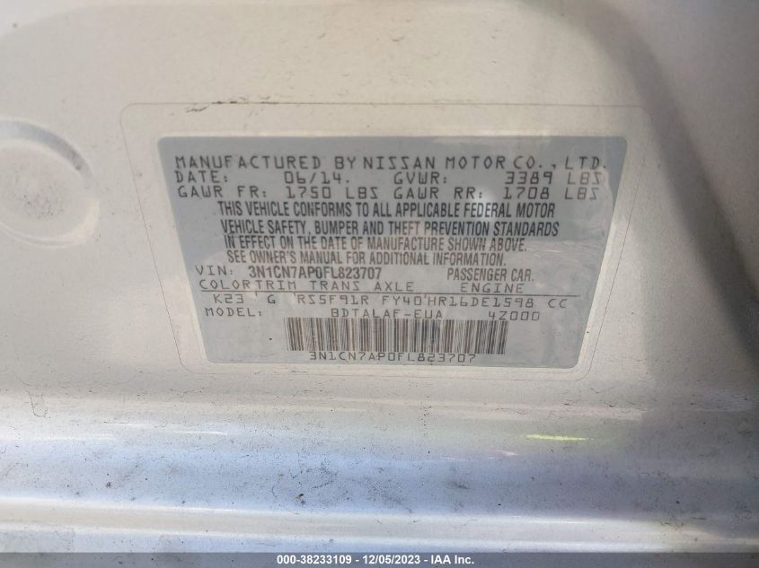 2015 NISSAN VERSA S/S PLUS/SV/SL - 3N1CN7AP0FL823707