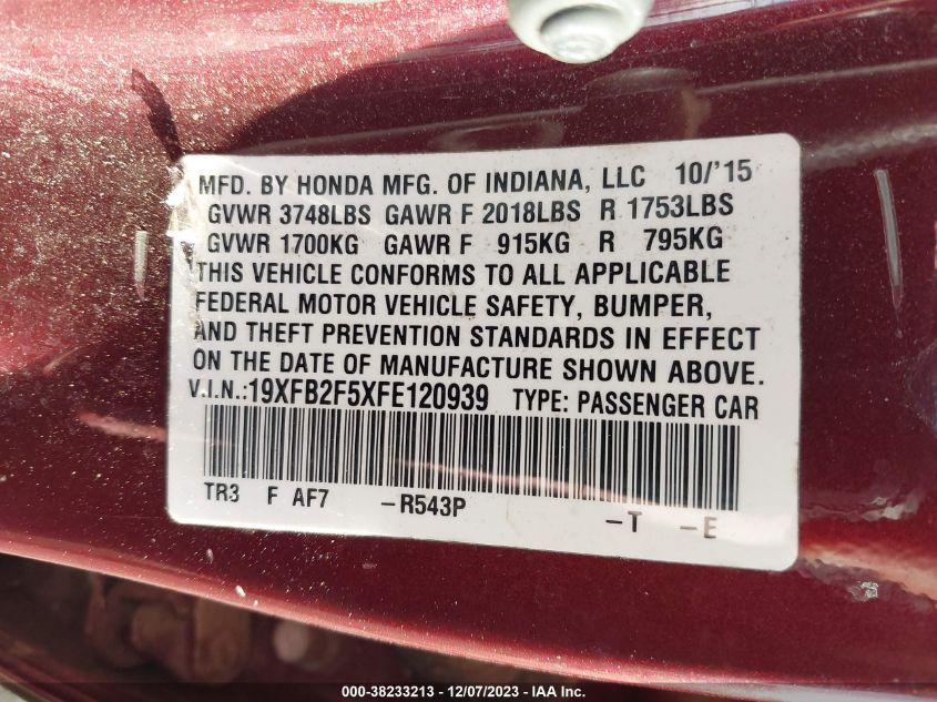 2015 HONDA CIVIC LX - 19XFB2F5XFE120939