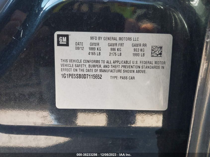 2013 CHEVROLET CRUZE 2LT - 1G1PE5SB0D7115652