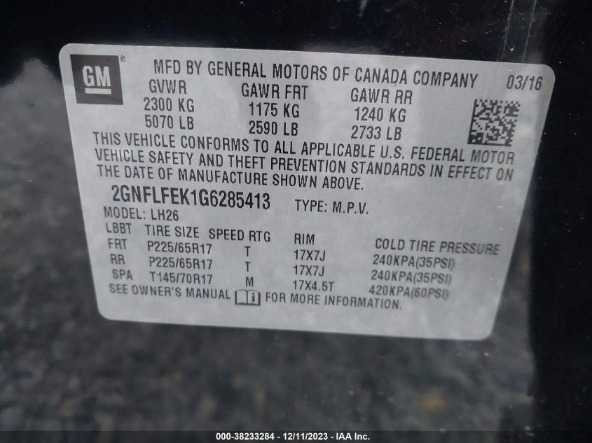 2016 CHEVROLET EQUINOX LT - 2GNFLFEK1G6285413