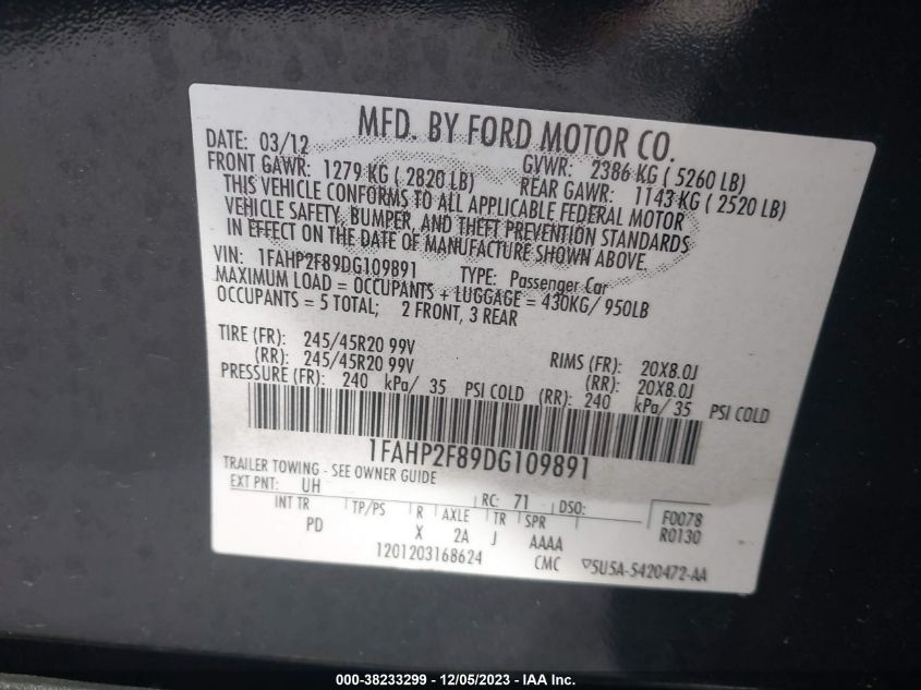 2013 FORD TAURUS LIMITED - 1FAHP2F89DG109891