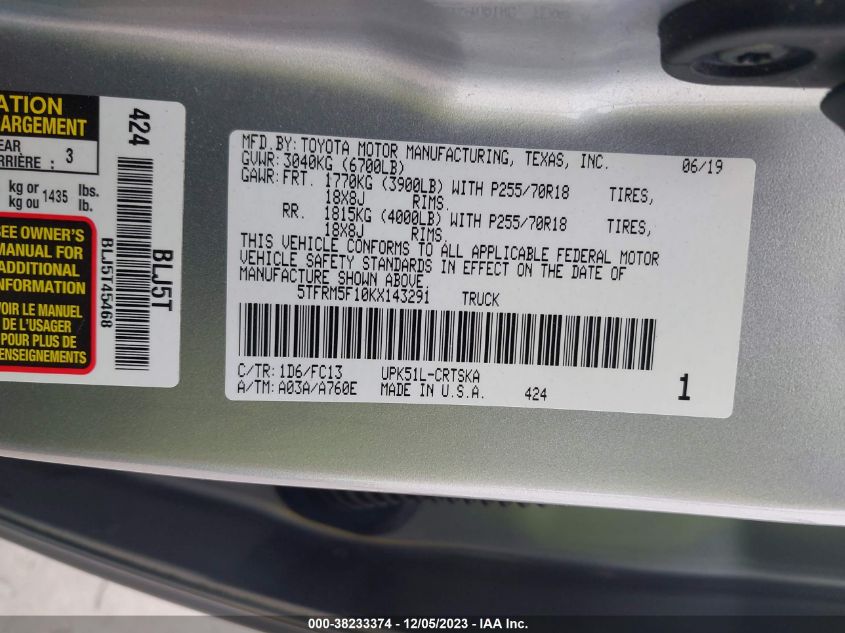 2019 TOYOTA TUNDRA SR5 4.6L V8 - 5TFRM5F10KX143291