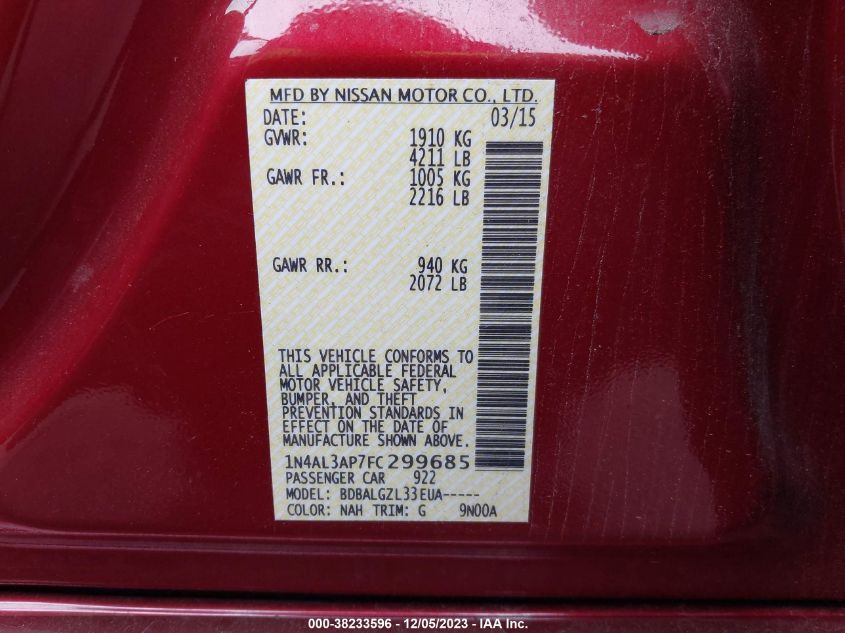 2015 NISSAN ALTIMA 2.5/S/SV/SL - 1N4AL3AP7FC299685