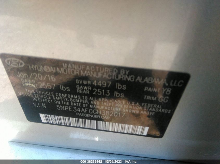 2016 HYUNDAI SONATA 2.4L LIMITED - 5NPE34AF0GH382017
