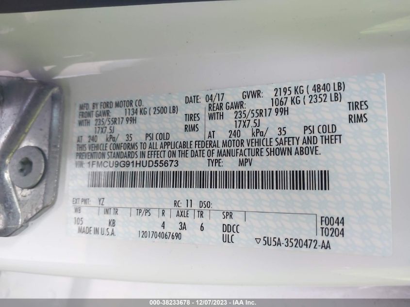 1FMCU9G91HUD55673 2017 FORD ESCAPE, photo no. 9