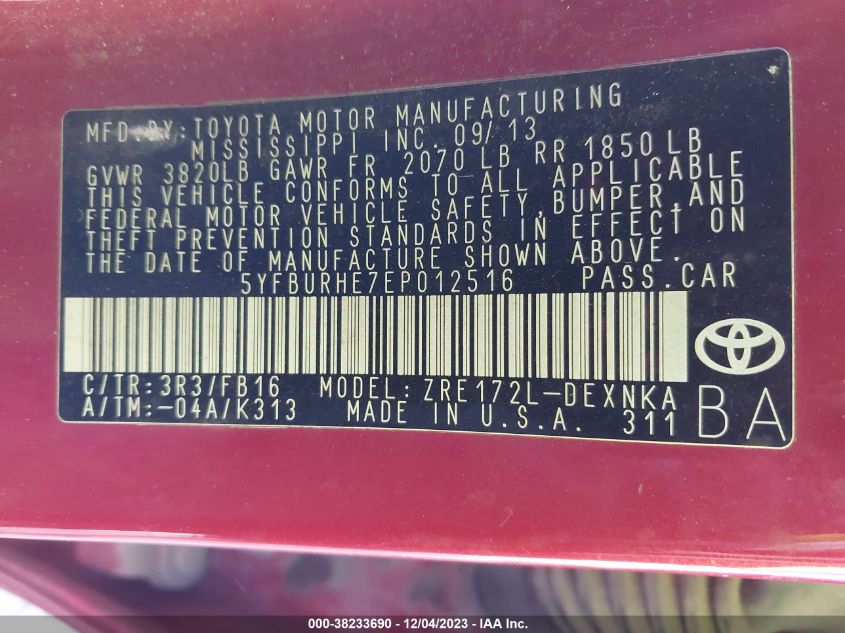 2014 TOYOTA COROLLA LE - 5YFBURHE7EP012516