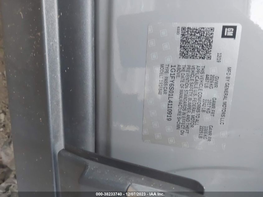 2020 CHEVROLET BOLT EV LT - 1G1FY6S01L4110919