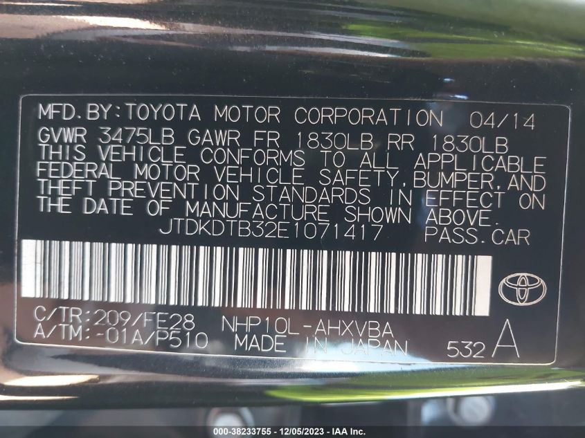 2014 TOYOTA PRIUS C ONE - JTDKDTB32E1071417