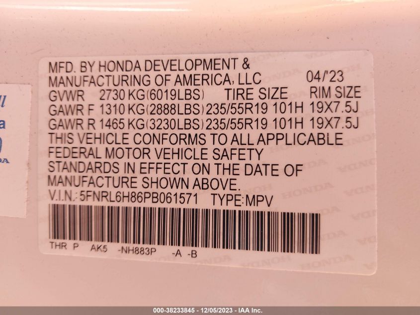 5FNRL6H86PB061571 2023 HONDA ODYSSEY, photo no. 9