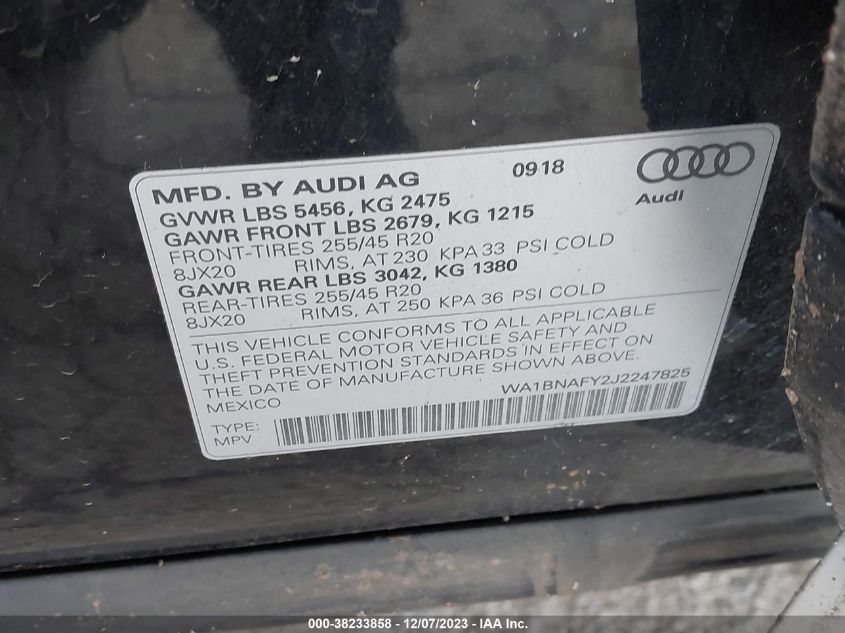 2018 AUDI Q5 2.0T PREMIUM - WA1BNAFY2J2247825