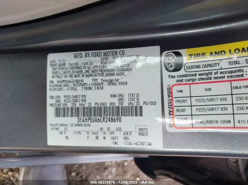 3FAHP0JA6CR248690 | 2012 FORD FUSION