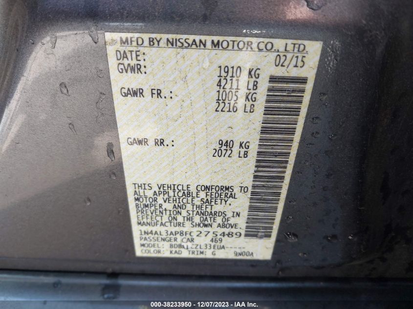 2015 NISSAN ALTIMA 2.5/2.5 S/2.5 SL/2.5 SV - 1N4AL3AP8FC275489