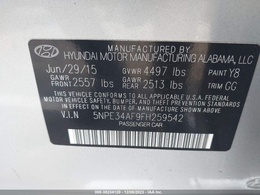 2015 HYUNDAI SONATA LIMITED - 5NPE34AF9FH259542