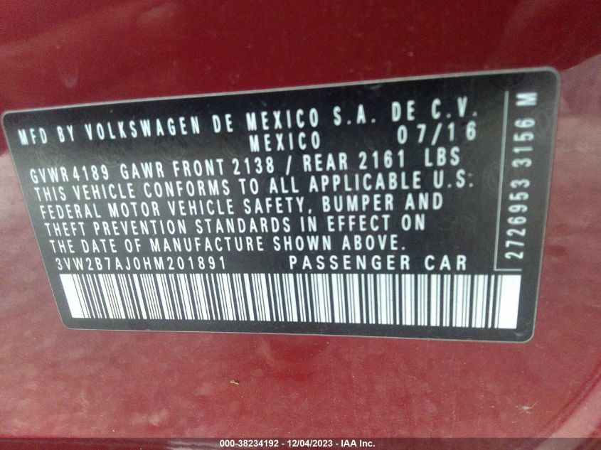 2017 VOLKSWAGEN JETTA 1.4T S - 3VW2B7AJ0HM201891